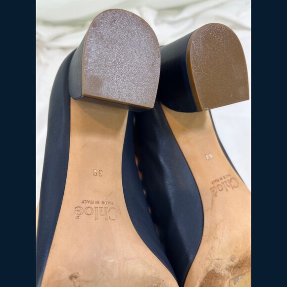 Chloe Scalloped Edge Blue Leather Block Heels - Size 39 - Picture 14 of 16